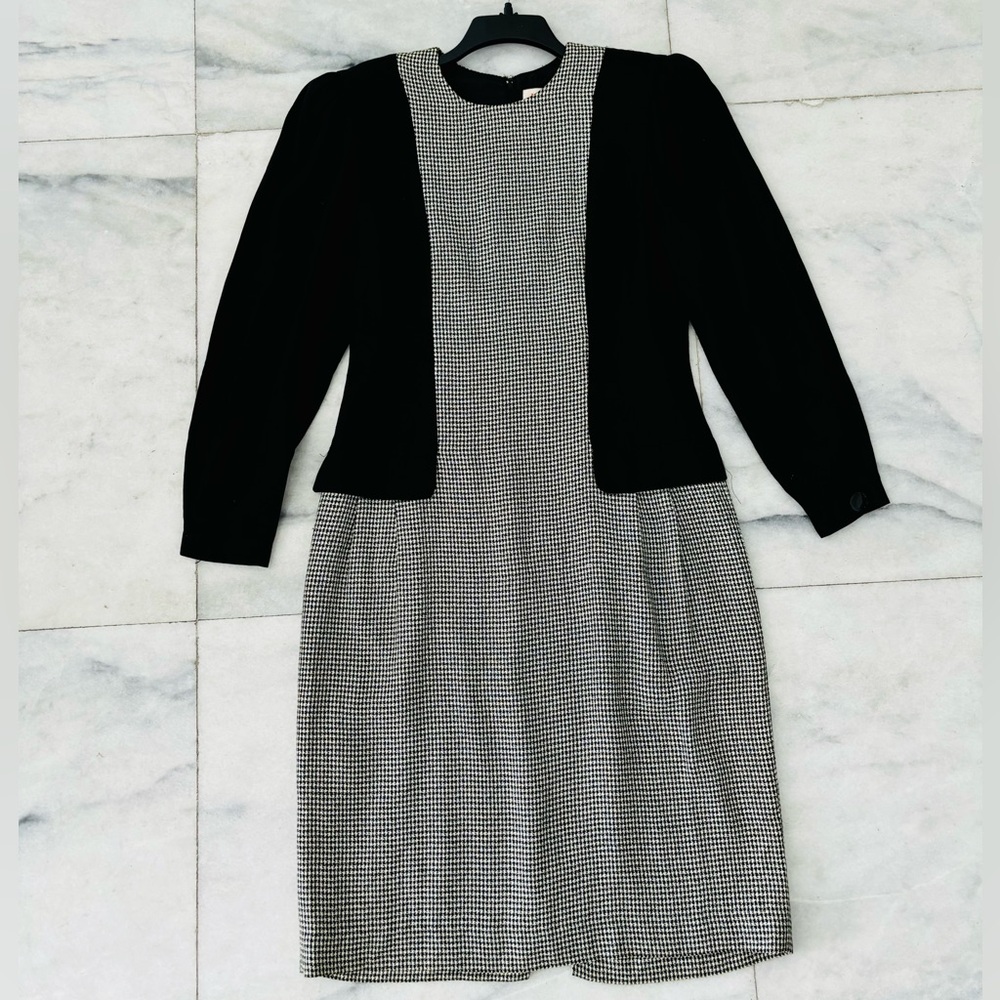 VTG Honeybee Dress Houndstooth Black White Knee Womens 12 Office Academia USA